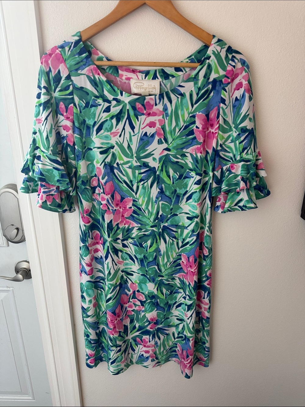 • Pappagallo • Pink & Green Tropical Ruffle-Sleeve Mini Dress Medium